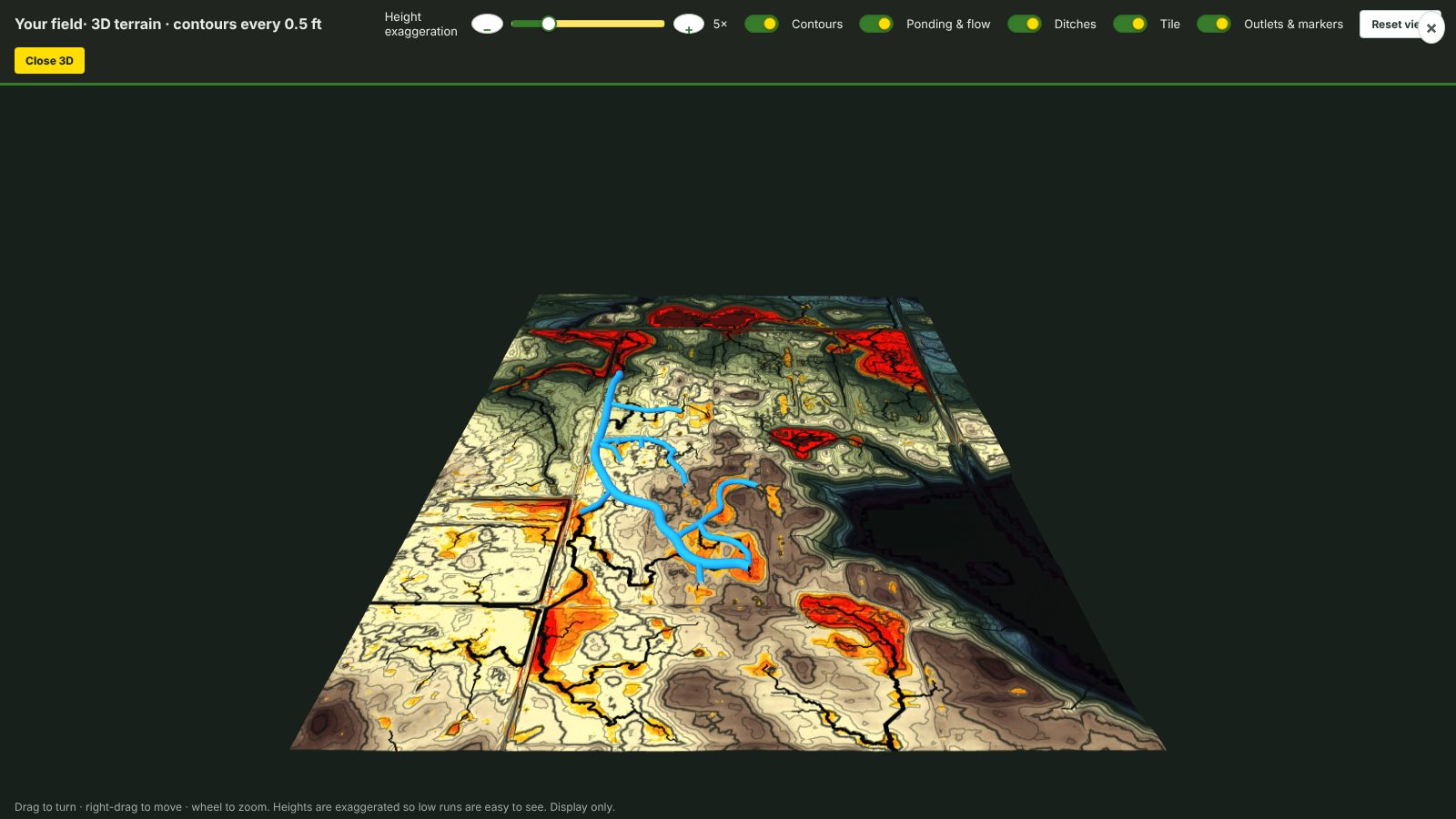 3D terrain view with contours, exaggerated heights and the design on top