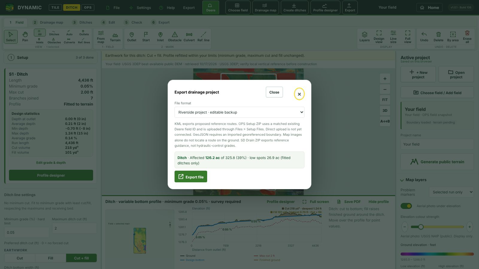 Export dialog in DDD: file format, affected acres and the Export file button
