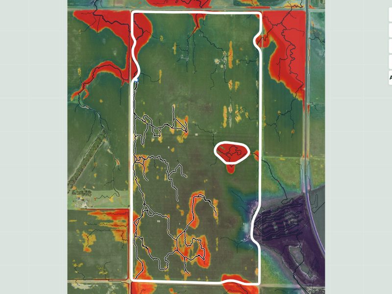 LiDAR drainage map with ponding and flow routes