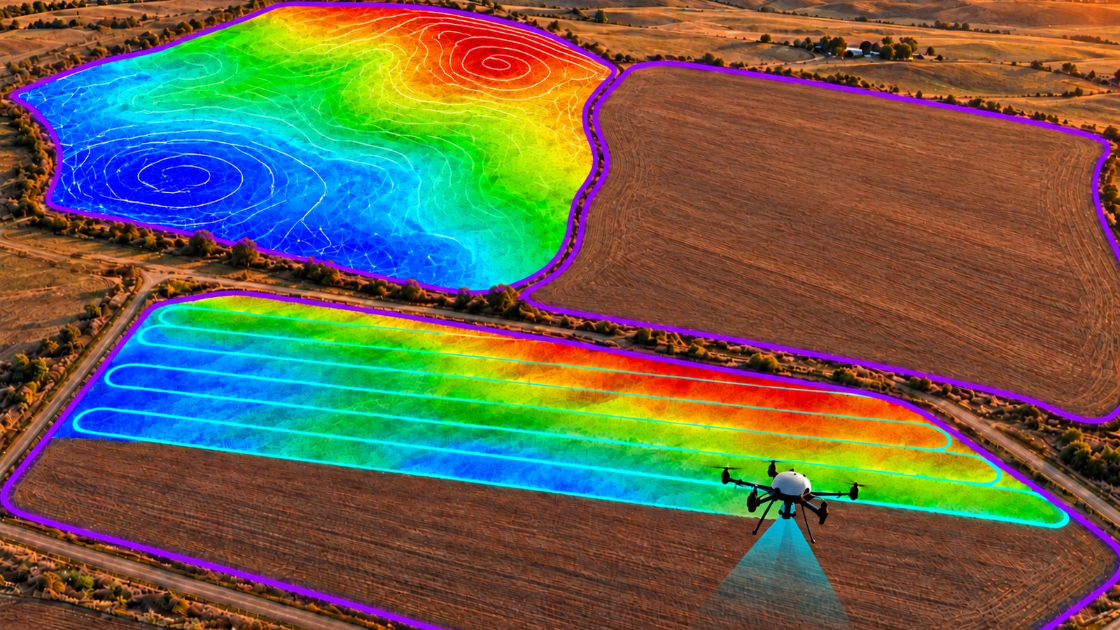 A drone flying its passes over a field, the LiDAR elevation map painted in behind it inside the field boundary; the finished field beside it fully mapped